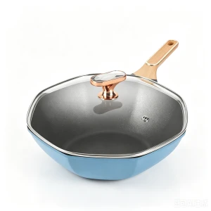 Octagonal Maifan Stone Non-stick Wok, 30/32cm Induction Compatible Alloy Frying Pan with Wooden Handle & Glass Lid, Non