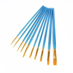 10 pcs Multi-Function Paint Brush with Gold Nylon Hair and Short Blue Handle for Artists Kids Art Supply