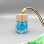 Diamond Shaped Empty Glass Hanging Car Diffuser, Perfume Bottles with Cube Wooden Caps & Ropes