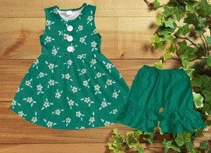 2017 summer teen girl clothing set flower printing green frock icing ruffle shorts unique design girl clothing set