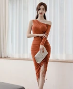 2021 korean fashion lady  irregular neck simple evening dress off shoulder pencil skirt string skirt