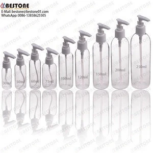 20ml 30ml 50ml 60ml 75ml 100ml 120ml 150ml 200ml 250ml pet round shape plastic bottle with pump dispenser for cosmetic packaging