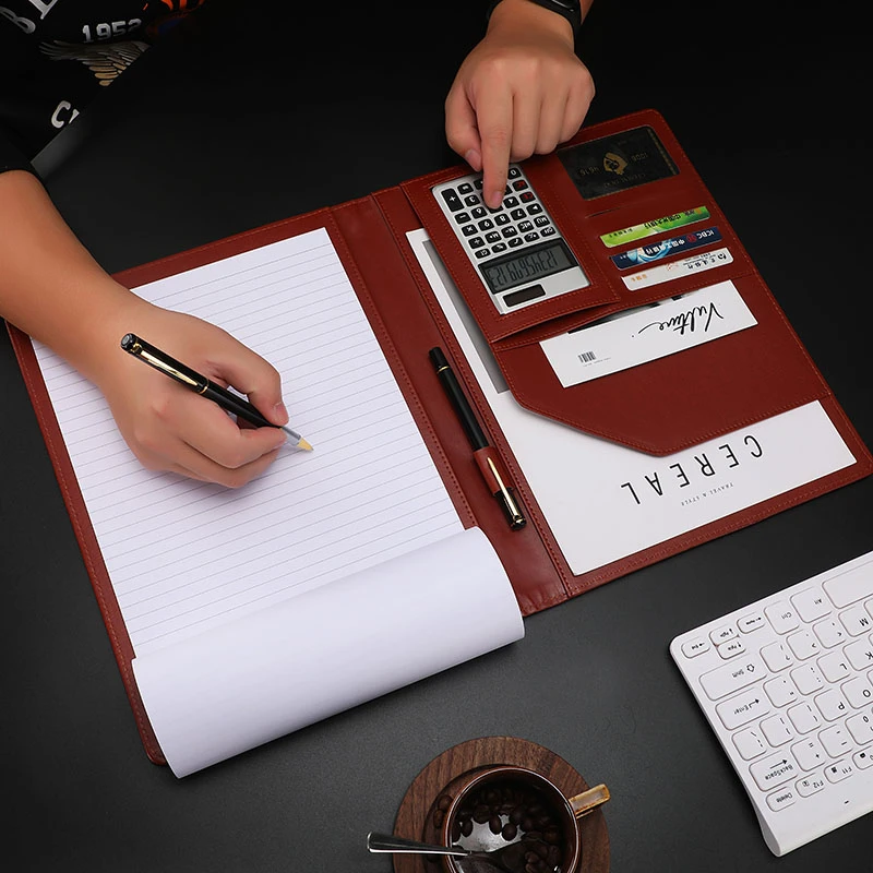 A4 PU Leather Clipboard  Meeting Holder Multifunction Filing Document File Folder With Calculator