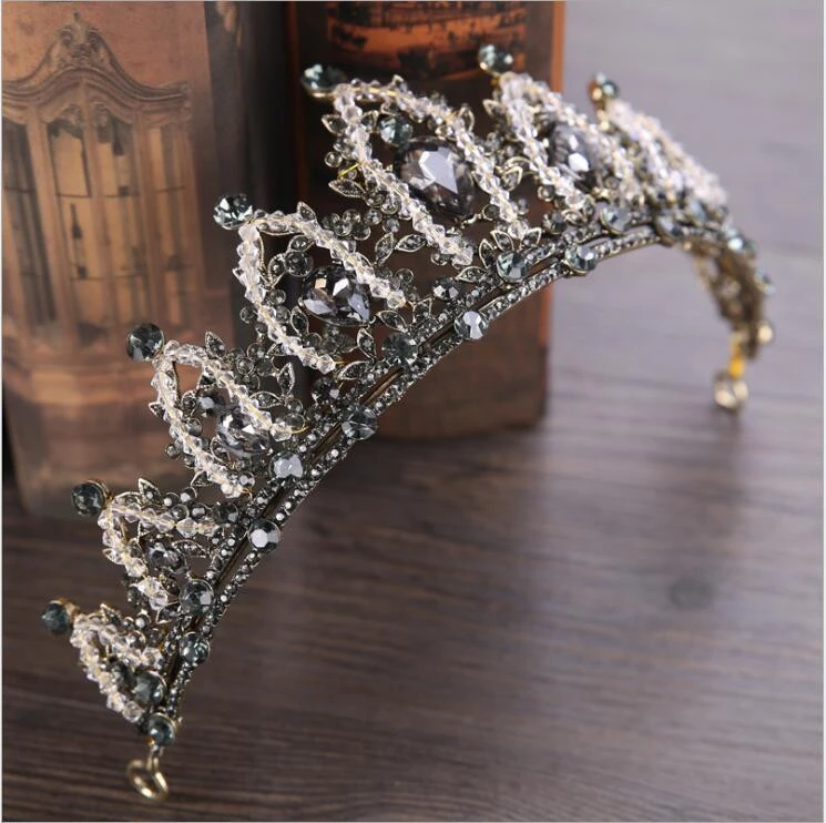 Baroque Handmade Black Crystal Beads Bridal Tiaras Crown Rhinestone Diadem Pageant Veil Tiara Headbands Wedding Hair Accessories