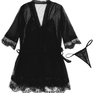 black Babydoll Night Robe Belt T-back Lace Trim Mesh women sexy lingerie Set