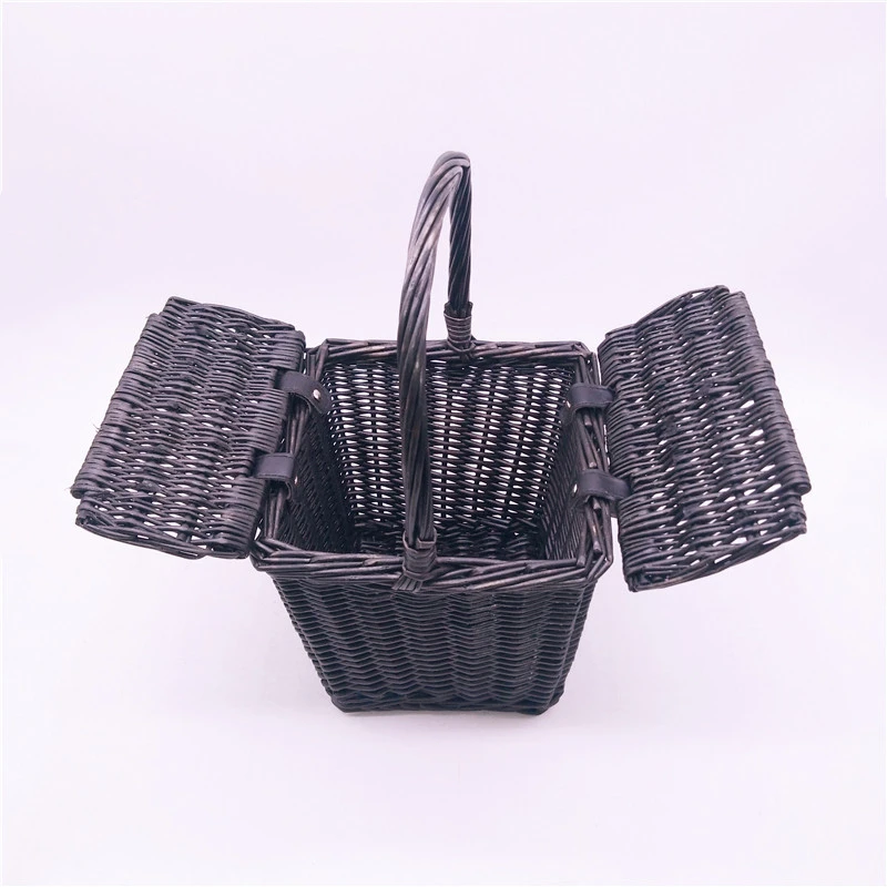 Black Painted Gift serving plastic ratan basket with Handle