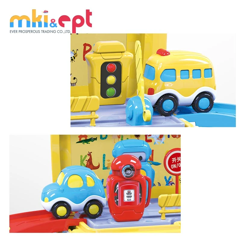 B/O funny cartoon car toy plastic school bus toys with railway car and light music