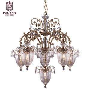 Buy more save more hot sales 6 arm HC9173-5+1 french european glass shade crystal aluminium chandelier hanging lighting
