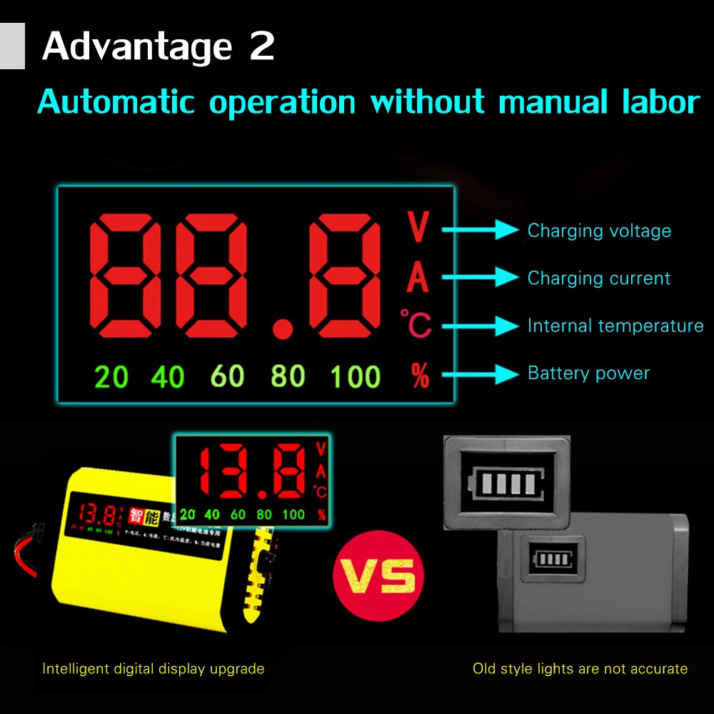 Car 12V Motorcycle Battery Charger 2A Full Automatic 3 Stages Lead Acid AGM GEL Intelligent LCD Display Charging Car Accessories