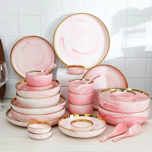 China Wholesale Luxury Porcelain Dinner Set Gold Ceramic Tableware Stoneware Plates Sets Dinnerware Set