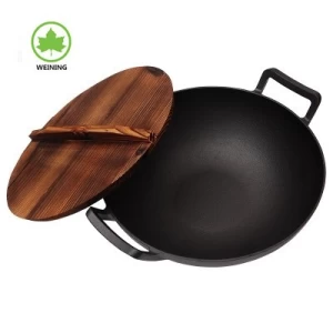 Chinese Double  Handle Preseasoned Cast Iron Wok With Wooden Cover