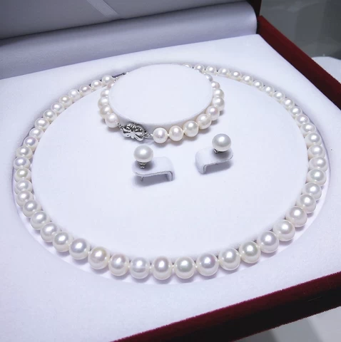 Classic White Pearl Necklace Sets 8-9mm Round Real Freshwater Pearl Necklace Bracelet And Earring Set