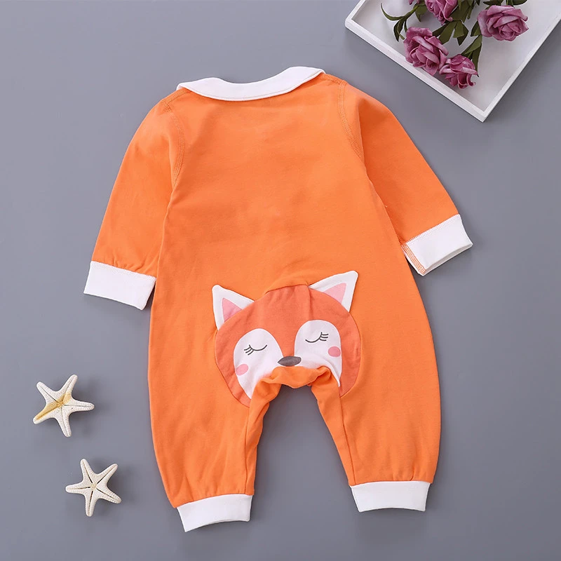 Crew Neck Bear Fox Cartoon Cotton Jumpsuit Comfortable Single Button Climbing Baby Clothes Baby Romper