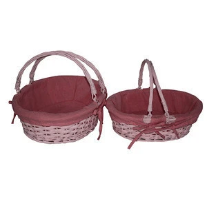 Customized Natural Handcraft Empty Wicker Food Bread Fruit Picnic Basket with folding handles and fabric liner