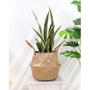 Durable cloth woven hanging Seagrass Belly Basket with handle for home storage