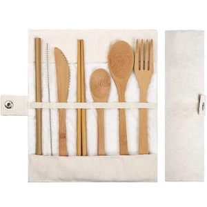 Eco Friendly Flatware Set Portable Utensils Set, Knife, Fork, Spoon, Reusable Straws Chopsticks Bamboo Travel Utensils