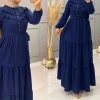 Eid Autumn Latest Hot Solid Color Womens Ruffle Dress Women Long Sleeve Elegant Muslim Robe with Belt Multicolor Long Dresses