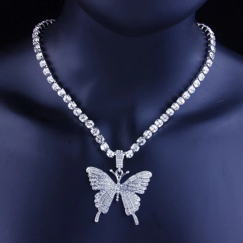 European Statement Bling Big Butterfly Pendant Necklace Silver Chain Crystal Rhinestone Butterfly Choker Necklace Jewelry