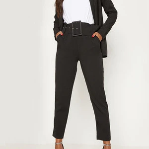 Fashion casual women trousers high waisted belt tapered pants with pockets