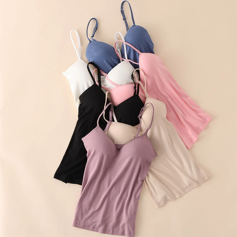 Fashion comfortable cotton tank top with padded bra sexy camisole with straps singlet with bra inside