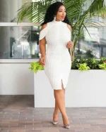 Fashion Lady Midi Sleeveless Grenadine Beaded Dress White Prom Dresses Casual Apparel Slim Sexy Women Dresses