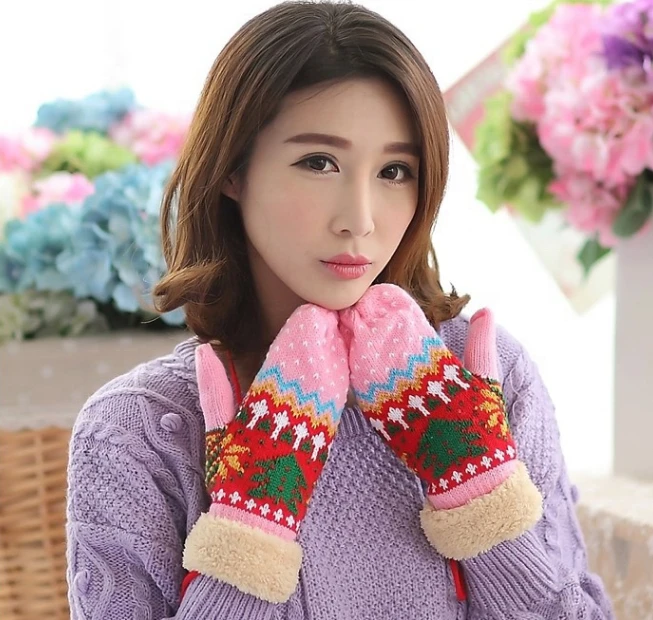 Fashion Winter Women Girls Christmas Gloves Cheap Wholesale Acrylic Knitted Mittens with Warm Lining