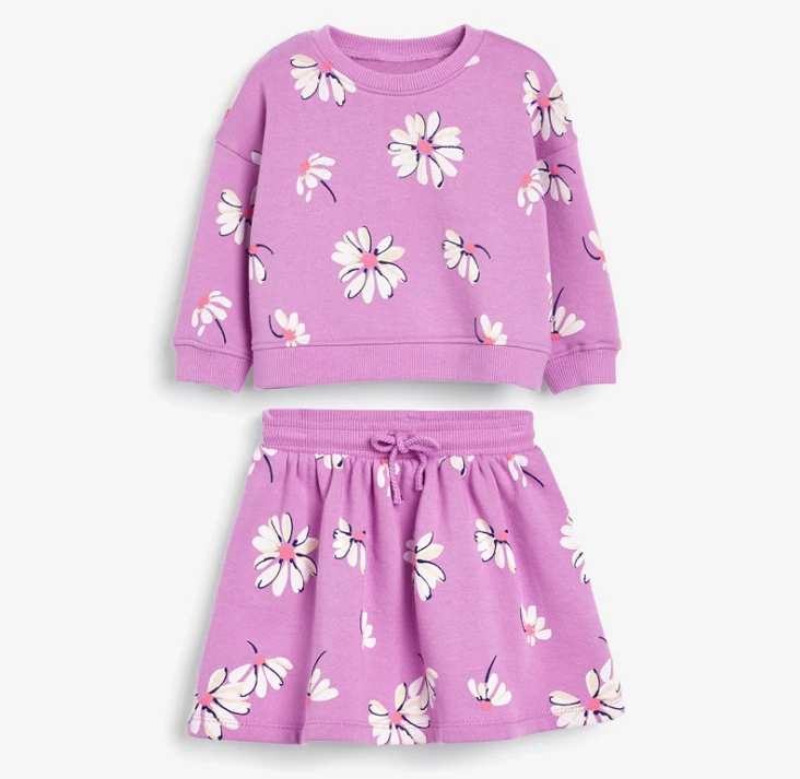 Flower printed purple cotton quality top skirt 2pcs girls clothing set