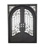 French Modern Entry Security Screen Door Wrought Iron Double Glass Elegant Exterior Entrance Door with Graphic Design Solution