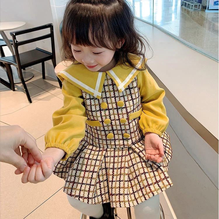 girl clothes 3-8 years baby dresses with navy lapel children lattice dresses