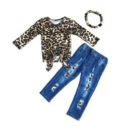 Girlymax fall/winter baby girls children clothes boutique cotton ruffles leopard tie knot jeans pants set outfits