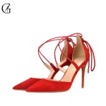 goxeou latest suede high heel ladies pumps fashion lace up  thin heels shoes ankle wrap stiletto for women party wedding
