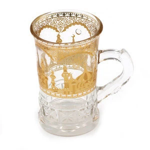 handmade golden shot 6 cups set 80ml arab round handle tea coffee cup yiwu wholesale  clear turkey glass cup