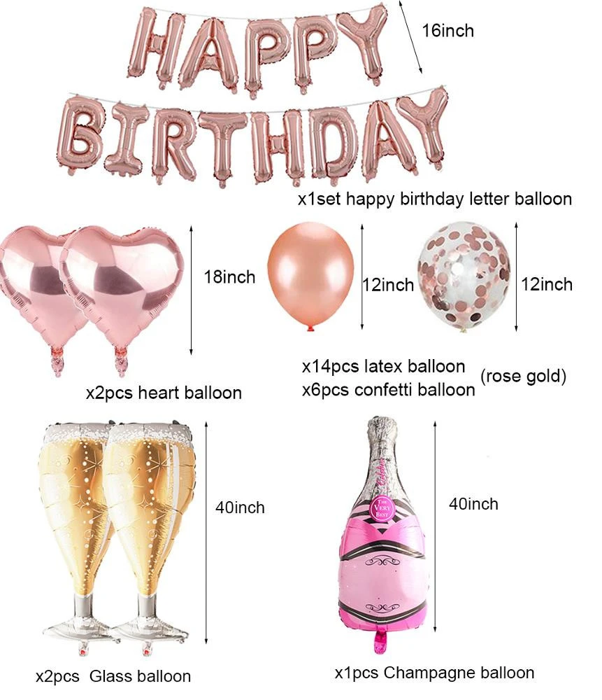Happy birthday rose gold balloon banner party decorations set supplies
