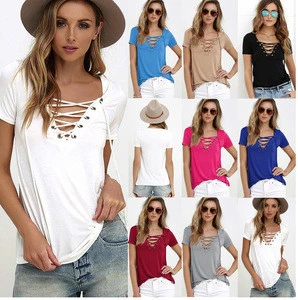 High quality Ebay Amazon Hot 2017 summer new Sheer Sexy Blouses Women Tops shirts Ladies V neck solid color T shirt Plus size