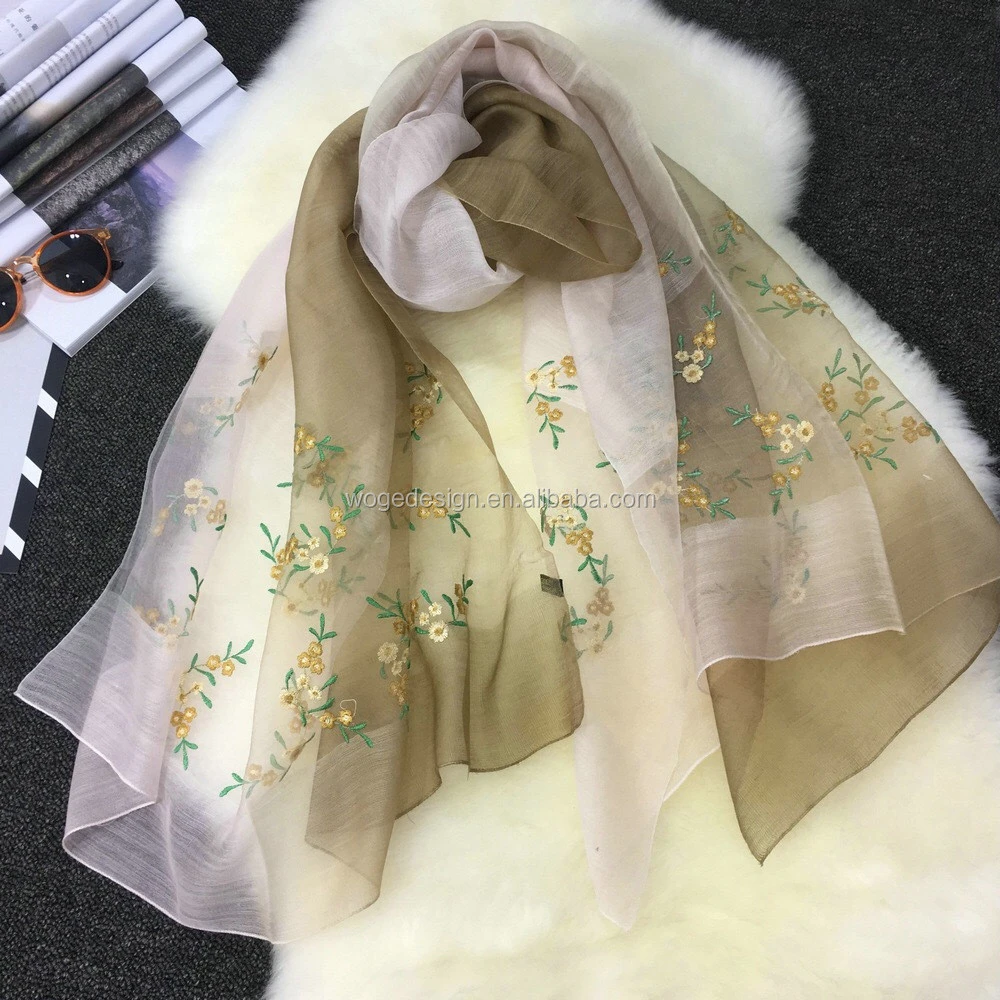 High quality Hangzhou manufacturer modish ladys&#x27; hijab shawls tie dye color embroidered wholesale flowers wool silk scarves