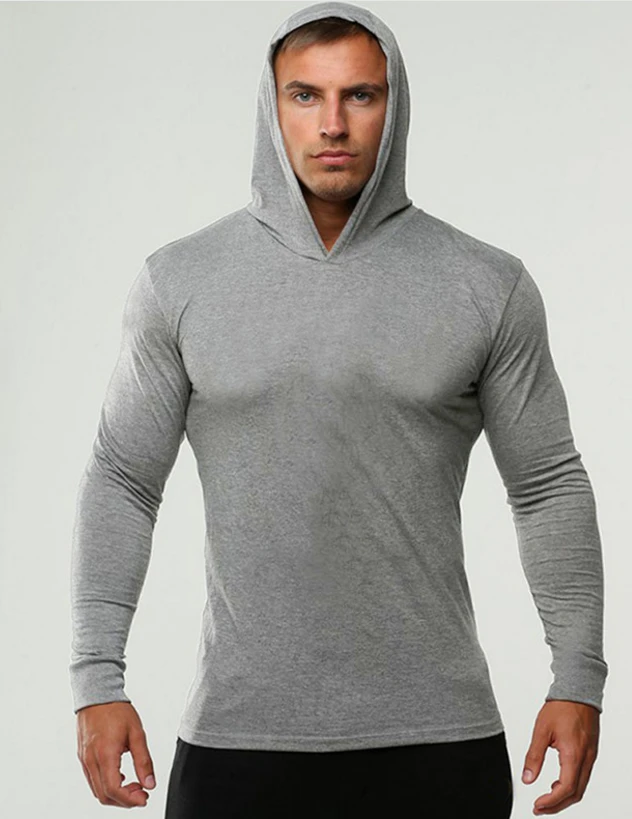High quality slim fit cotton sport men plain grey gym work out hoodie apparel men