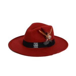 hot pink Vintage Retro wholesale Classic winter warm high quality feather 100% wool fedora hat unisex cowboy hats with band