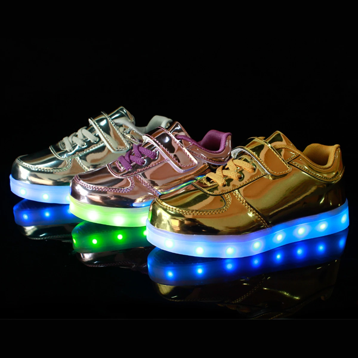 hot sale Fashion rechargeable Kids LED Casual shoes Low top mirror leather sport Shoes LED Light Up Shoes
