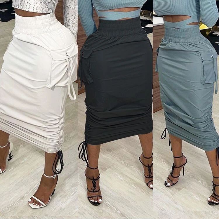 Hot sale latest fashion solid color high waist womens skirts summer casual and comfortable pleated tie pencil skirt