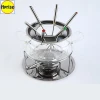 Hot Sale Portable Mini Stainless Steel Glass Round Meat Fruit Salad Cheese Fondue Pot Set with Forks