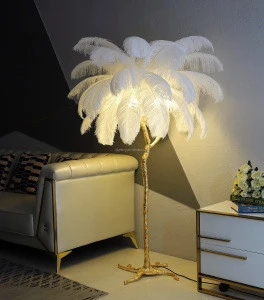 hotel decoration modern style copper Brass resin standing white feather floor lamp real Ostrich feather lamp