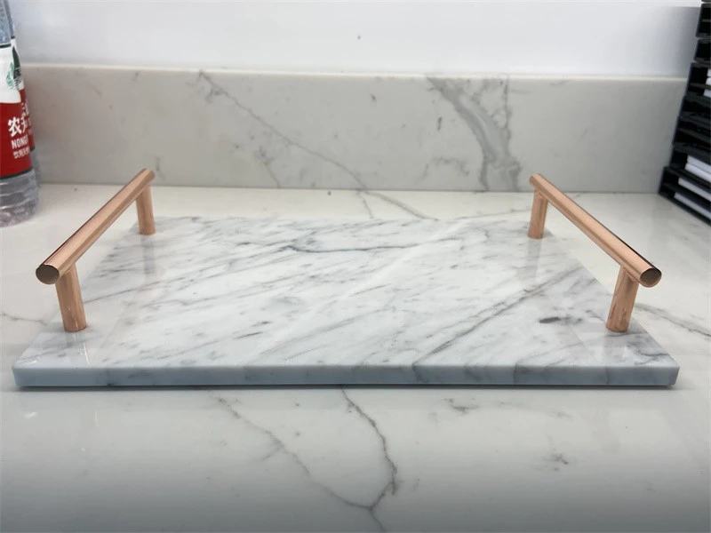 Hotel Rectangle Marble Tray With Mental Handles White Marble Serving Tray