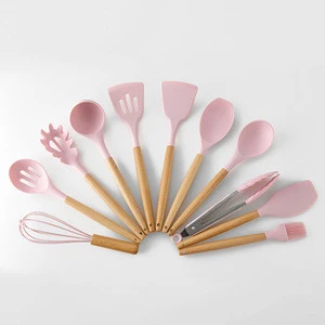 Ins Style pink color 12 piece wooden handle silicone kitchen utensils set with holder