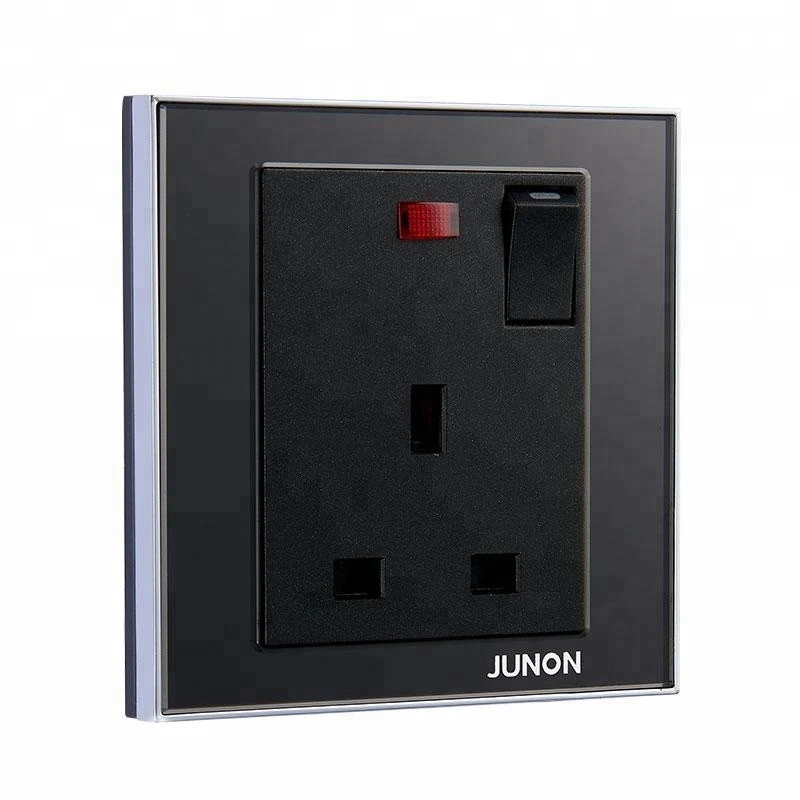 JUNON Black Titanium 13A BS 3 Pin Electrical Wall Socket With Switch and Neon