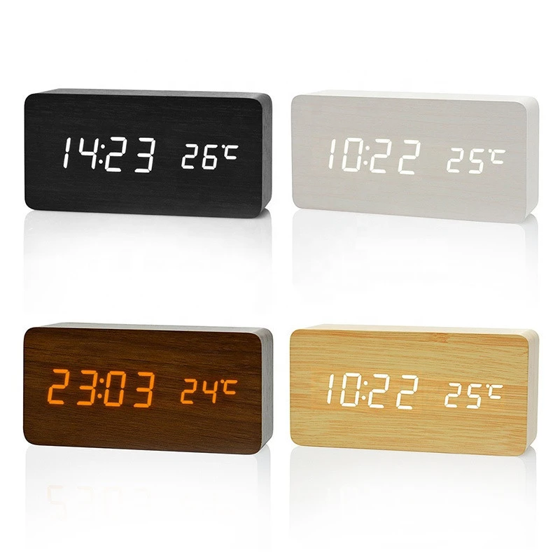 KH-WC003 Custom Kids Bedroom Silent Desk Time Date Temperature Display LED Digital Wooden Table Clock with Three Groups Alarm