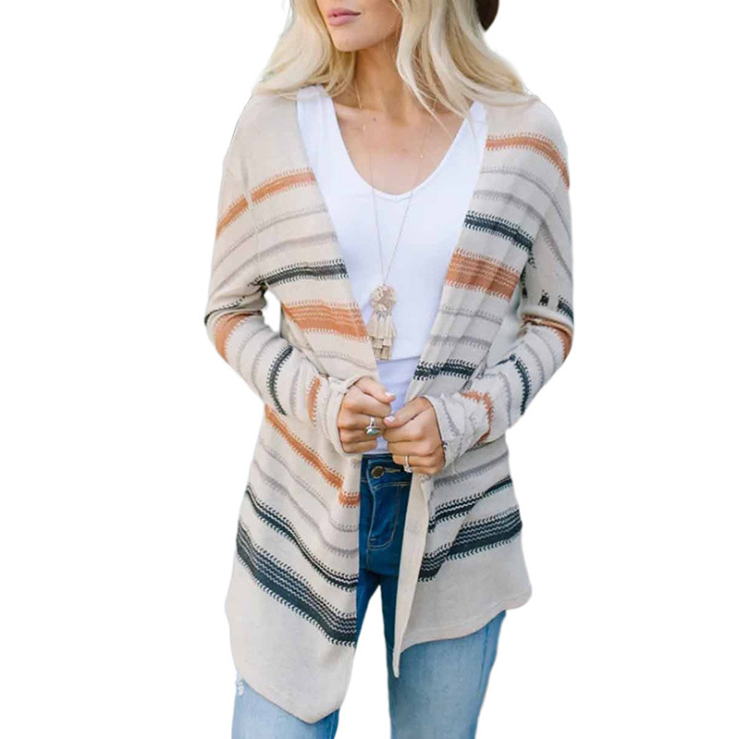 Knit Sweater Women&#x27;s Spring And Autumn Jacket New Long-Sleeved European And American Stripes Contrast Color Women&#x27;s Jacket