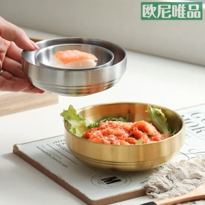 korean style 304 Stainless steel double kimchi plate golden round  side dish plate dipping sauce plate cold dish