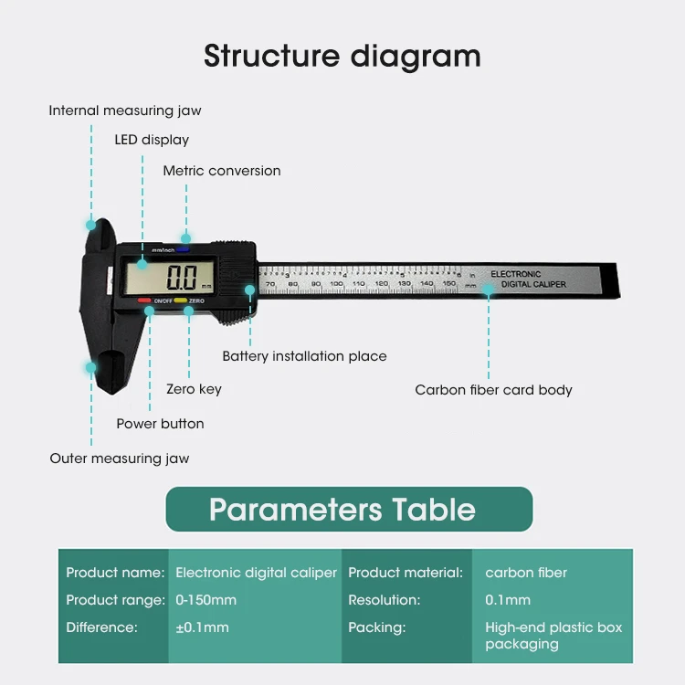 LCD Digital Caliper Digital Carbon Fiber Micrometer Measuring Tools 150mm electronic 0.1mm Accuracy Digital Vernier Calipers