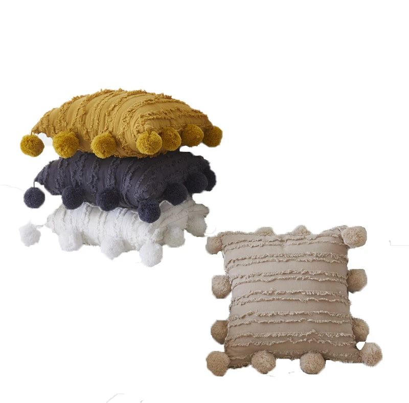Luxury Boho Home Decor Cotton Tufted Ruffled Woven Couch Sofa Macrame Pillow Cushion Cover with Pompoms