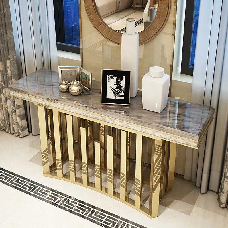 Luxury Gold Stainless Steel Living Room Furniture Rectangle Mirror Glass Top Console Table